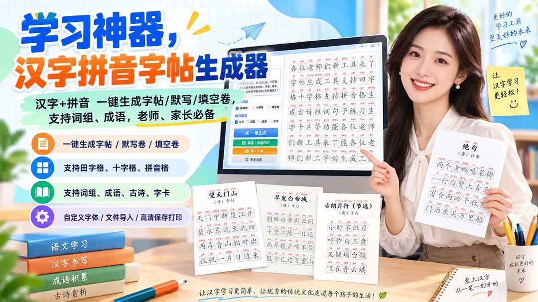 (20299期)学习神器,汉字拼音字帖生成器,汉字+拼音 一键生成字帖/默写/填空卷,支持词组、成语,老师、家长必备-来友网创