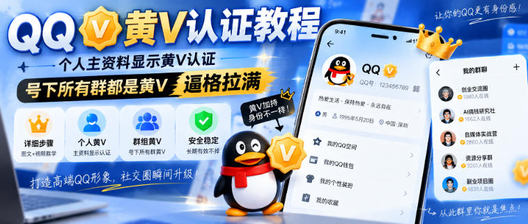 QQ黄V认证教程,个人主资料显示黄V认证,号下所有群都是黄V,逼格拉满-来友网创