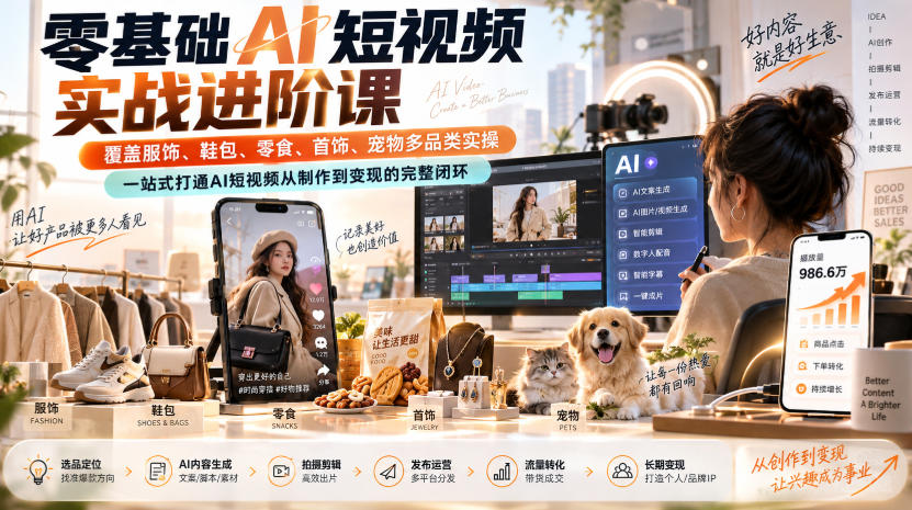 零基础AI短视频实战进阶课,覆盖服饰、鞋包、零食、首饰、宠物多品类实操,一站式打通AI短视频从制作到变现的完整闭环-来友网创