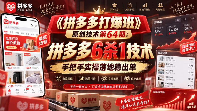 《拼多多打爆班》原创技术第64期:拼多多6杀1技术,手把手实操落地稳出单-来友网创