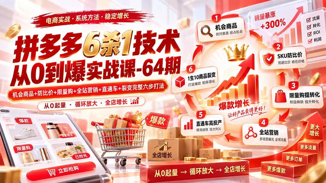 (20315期)拼多多6杀1技术从0到爆实战课-64期:机会商品+防比价+限量购+全站营销+直通车+裂变完整六步打法-来友网创