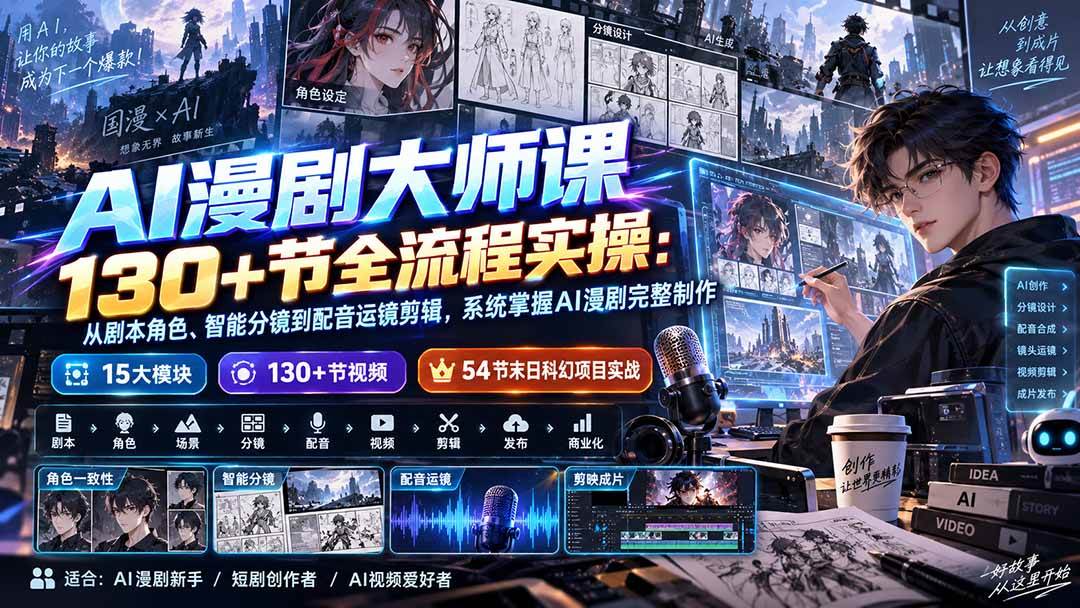 (20326期)AI漫剧大师课130+节全流程实操:从剧本角色、智能分镜到配音运镜剪辑,系统掌握AI漫剧完整制作-来友网创