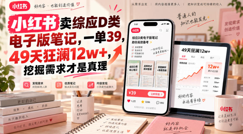 小红书卖综应D类电子版笔记,一单39,49天狂澜12w+,挖掘需求才是真理-来友网创
