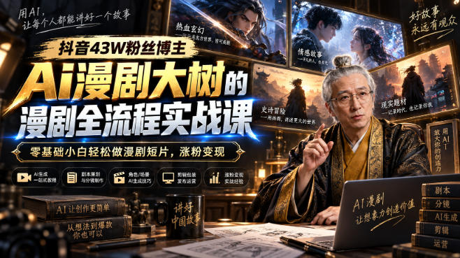 抖音43W粉丝博主Ai漫剧大树的漫剧制作全流程实战课,零基础小白轻松做漫剧短片,涨粉变现-来友网创
