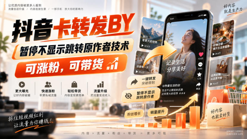 抖音卡转发搬运,暂停不显示跳转原作者技术,可涨粉,可带货-来友网创
