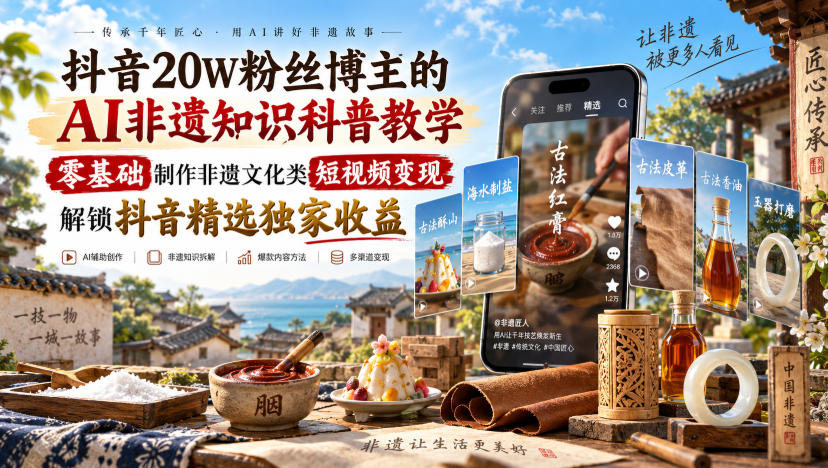 抖音20W粉丝博主的AI非遗知识科普教学,零基础制作非遗文化类短视频变现,解锁抖音精选独家收益-来友网创