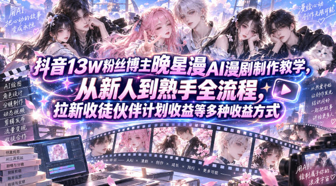抖音13W粉丝博主晚星漫AI漫剧制作教学,从新人到熟手全流程,拉新收徒伙伴计划收益等多种收益方式,单日1K+-来友网创