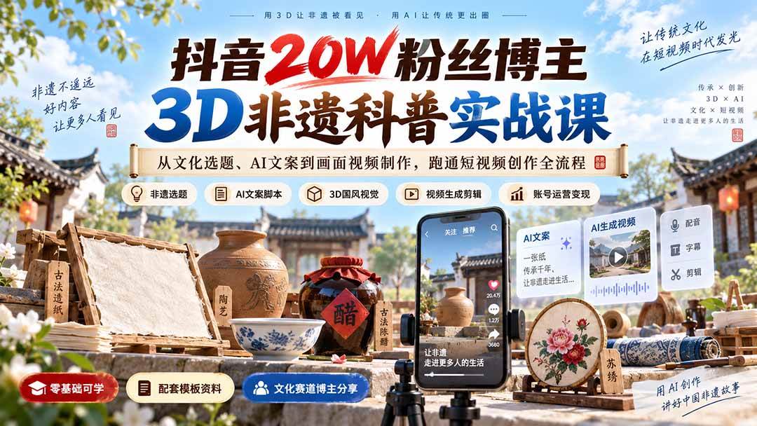 (20356期)抖音20W粉丝博主3D非遗科普实战课:从文化选题、AI文案到画面视频制作,跑通短视频创作全流程-来友网创