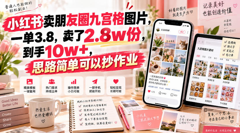 小红书卖朋友圈九宫格图片,一单3.8,卖了2.8w份,到手10w+,思路简单可以抄作业-来友网创