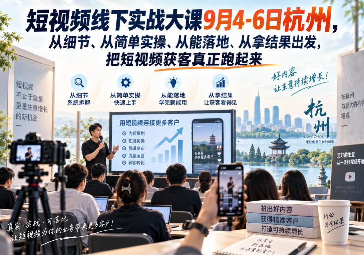 短视频线下实战大课9月4-6日杭州,从细节、从简单实操、从能落地、从拿结果出发,把短视频获客真正跑起来-来友网创
