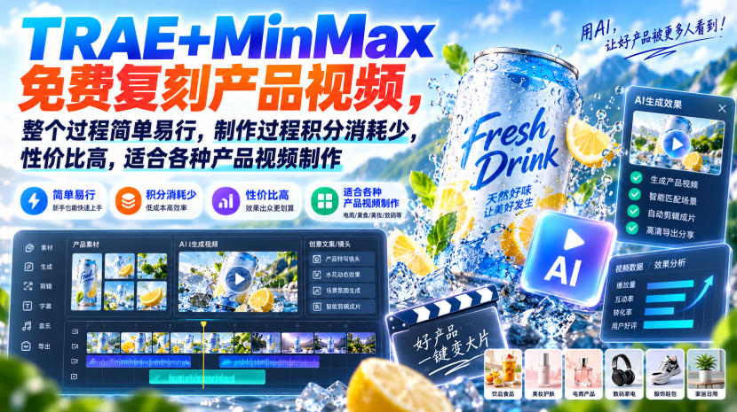 TRAE+MinMax免费复刻产品视频,整个过程简单易行,制作过程积分消耗少,性价比高,适合各种产品视频制作-来友网创