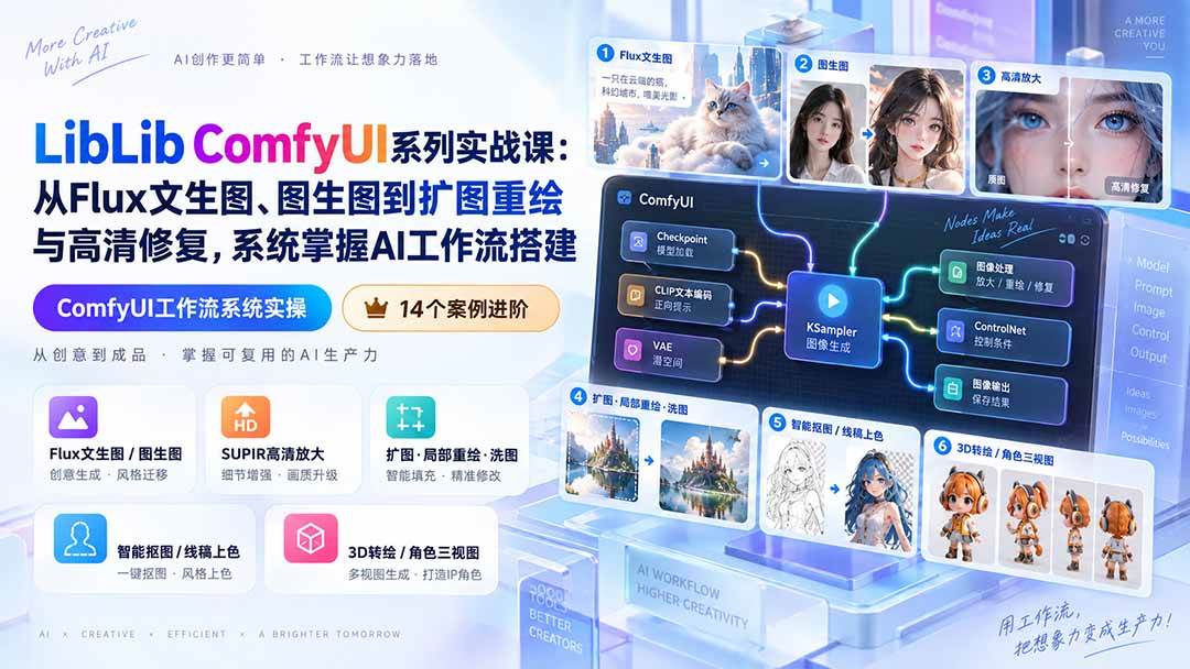 (20368期)LibLib ComfyUI系列实战课:从Flux文生图、图生图到扩图重绘与高清修复,系统掌握AI工作流搭建-来友网创
