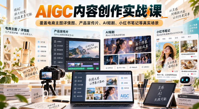 AIGC内容创作实战课,覆盖电商主图详情图、产品宣传片、AI短剧、小红书笔记等真实场景-来友网创