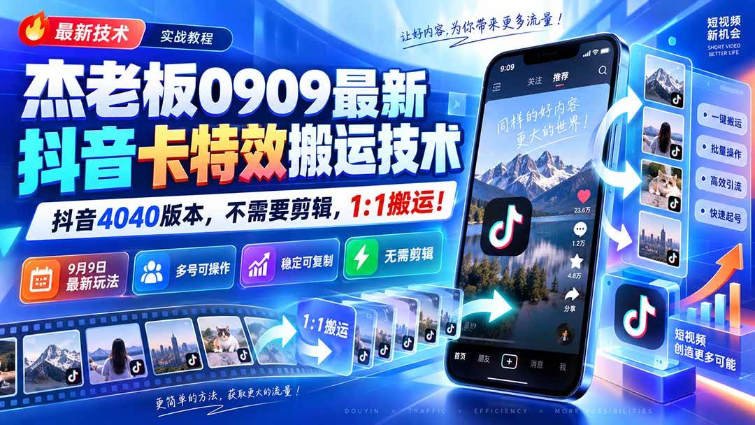 (20369期)杰老板0909最新抖音卡特效搬运技术,抖音4040版本,不需要剪辑,1:1搬运!-来友网创