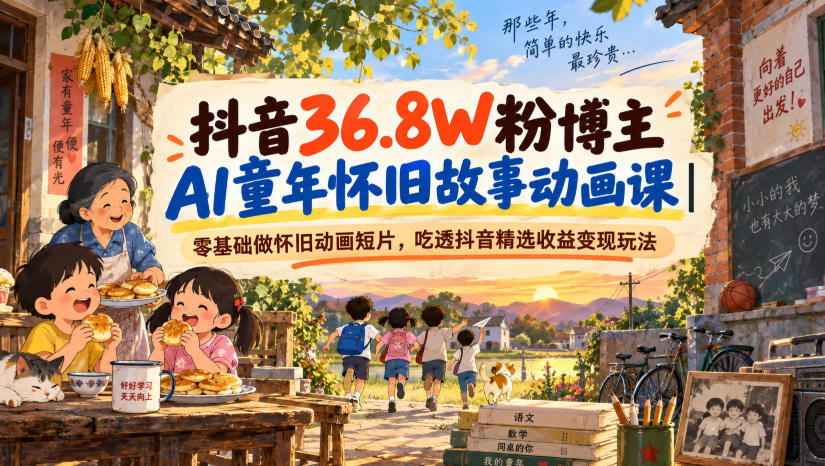 抖音36.8W粉博主AI童年怀旧故事动画课|零基础做怀旧动画短片,吃透抖音精选收益变现玩法-来友网创