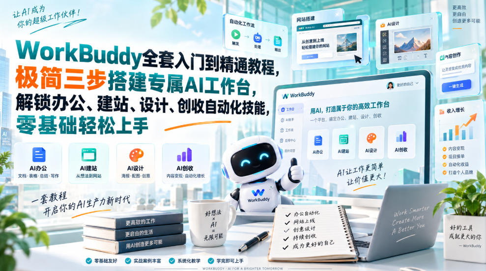 WorkBuddy全套入门到精通教程,极简三步搭建专属AI工作台,解锁办公、建站、设计、创收自动化技能,零基础轻松上手-来友网创