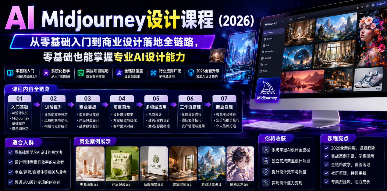 AI Midjourney设计课程(2026),从零基础入门到商业设计落地全链路,零基础也能掌握专业AI设计能力(更新0913)-来友网创