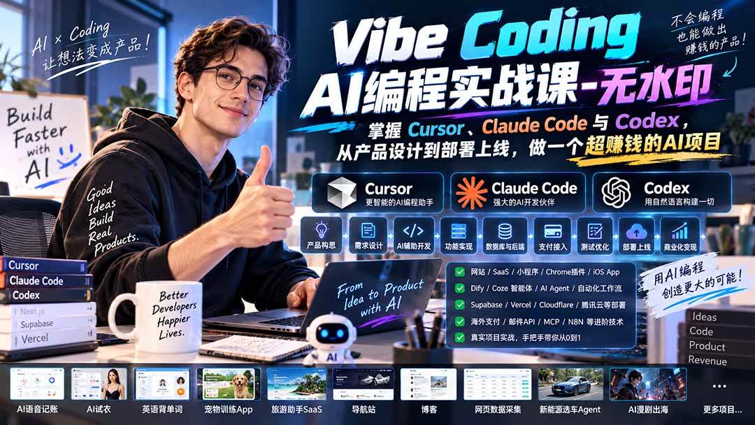 (20431期)Vibe Coding AI编程实战课-无水印:掌握Cursor、Claude Code与Codex,从产品设计到部署上线,做一个超赚钱的AI项目-来友网创