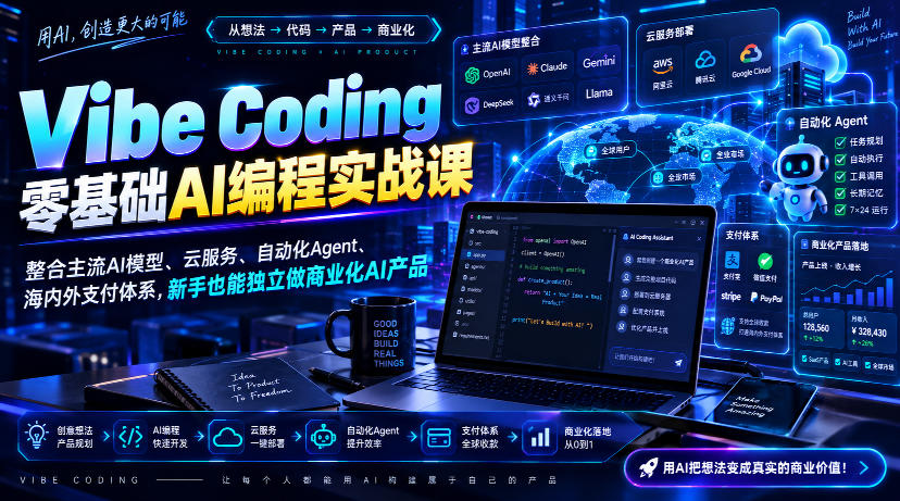 Vibe Coding零基础AI编程实战课-无水印,整合主流AI模型、云服务、自动化Agent、海内外支付体系,新手也能独立做商业化AI产品-来友网创
