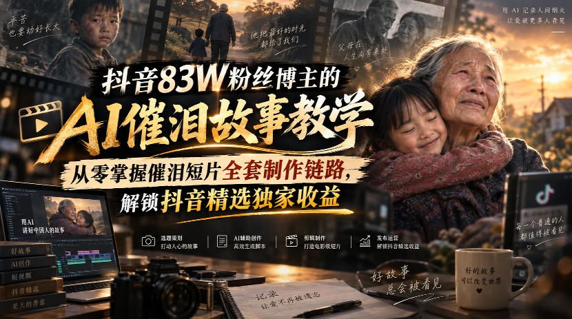 抖音83W粉丝博主的AI催泪故事教学,从零掌握催泪短片全套制作链路,解锁抖音精选独家收益-来友网创