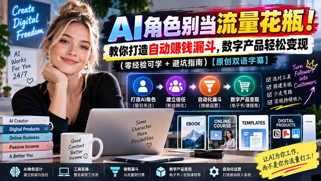 (20475期)AI角色别当流量花瓶!教你打造自动赚钱漏斗,数字产品轻松变现(零经验可学+避坑指南)【原创双语字幕】-来友网创