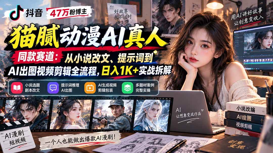 (20524期)抖音47万粉博主猫腻动漫AI真人同款赛道:从小说改文、提示词到AI出图视频剪辑全流程,日入1K+实战拆解-来友网创
