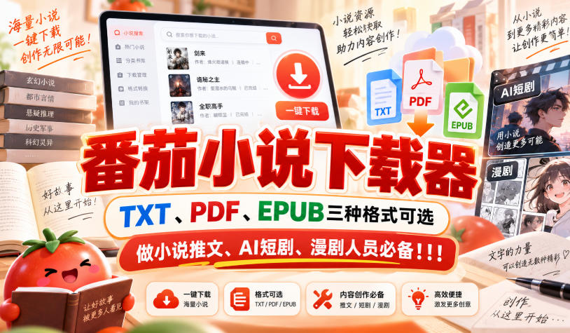 番茄小说下载器,TXT、PDF、EPUB三种格式可选,做小说推文、AI短剧、漫剧人员必备!!!-来友网创