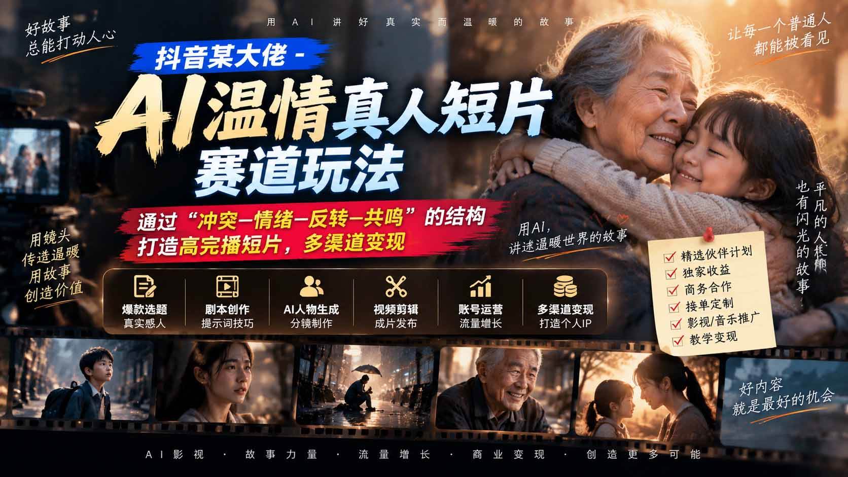 (20538期)抖音某大佬-AI温情真人短片赛道玩法:通过“冲突—情绪—反转—共鸣”的结构打造高完播短片,多渠道变现-来友网创