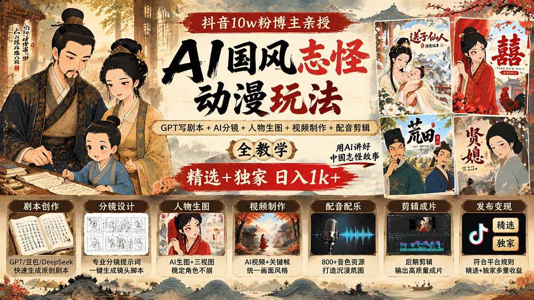 (20538期)抖音10w粉博主亲授AI国风志怪动漫玩法|GPT写剧本+AI分镜+人物生图+视频制作+配音剪辑全教学|精选+独家日入1k+-来友网创