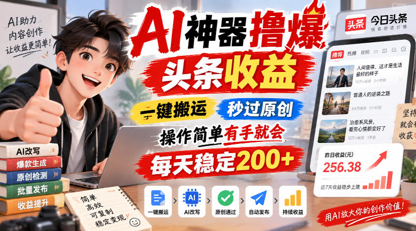 AI神器撸爆头条收益,一键搬运,秒过原创,操作简单有手就会,每天稳定200+【揭秘】-来友网创