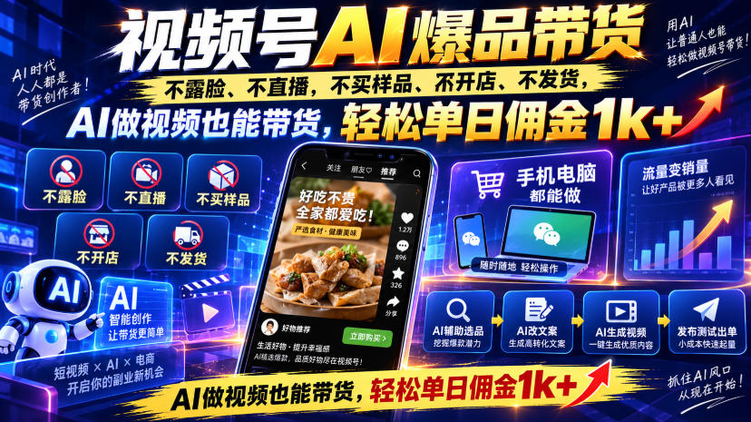 视频号Ai爆品带货,不露脸、不直播、不买样品、不开店、不发货,AI做视频也能带货,轻松单日佣金1k+-来友网创