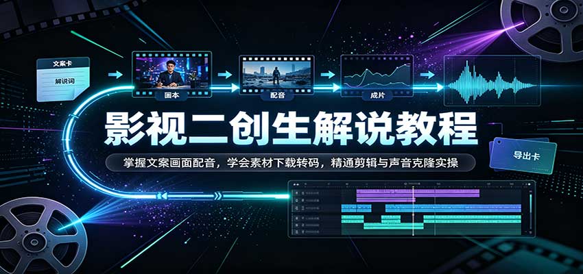 影视二创解说教程:掌握文案画面配音,学会素材下载转码,精通剪辑与声音克隆实操-来友网创