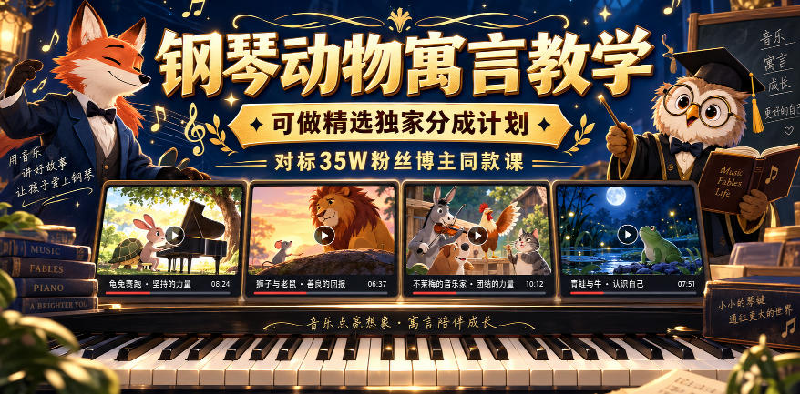 钢琴动物寓言教学,可做精选独家分成计划,对标35W粉丝博主同款课-来友网创