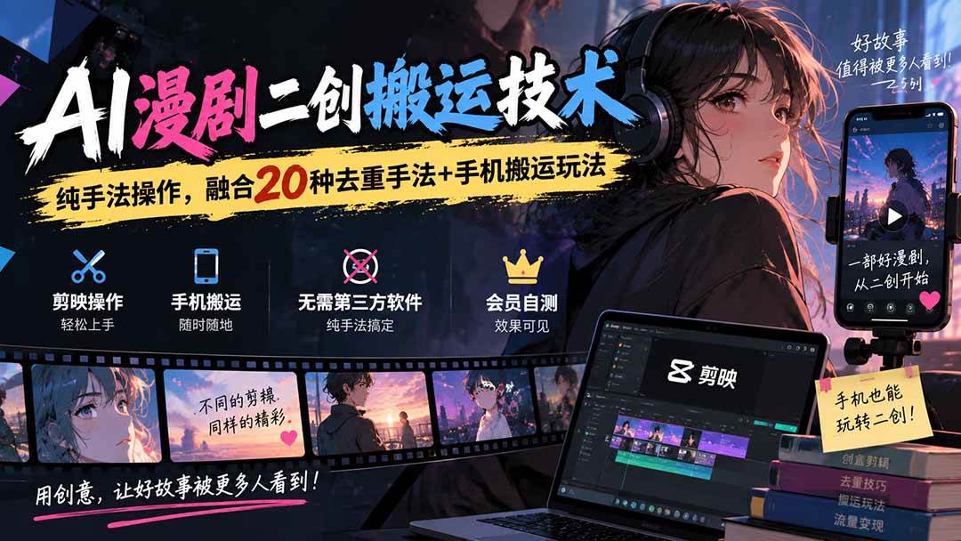 (20551期)AI漫剧二创搬运技术,纯手法操作,融合20种去重手法++手机搬运玩法-来友网创