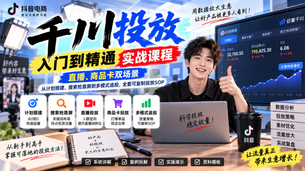 千川投放入门到精通实战课程,直播、商品卡双场景,从计划搭建、搜索抢首屏到多模式追投,全套可复制投放SOP-来友网创