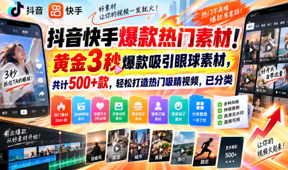 抖音快手爆款热门素材!黄金3秒爆款吸引眼球素材,共计500+款,轻松打造热门吸睛视频,已分类-来友网创