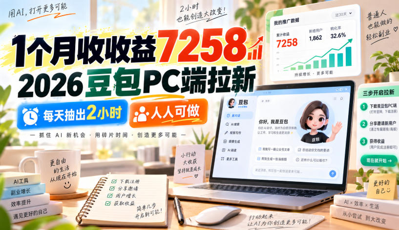 1个月收收益7258,2026豆包PC端拉新,每天抽出2小时,人人可做-来友网创