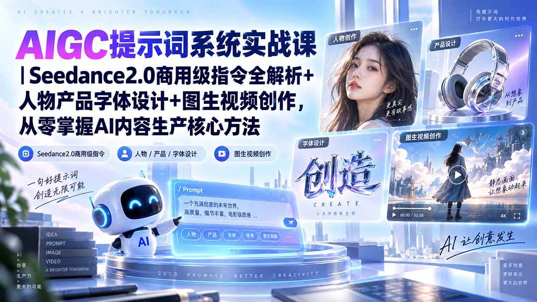 (20559期)AIGC提示词系统实战课-无水印|Seedance2.0商用级指令全解析+人物产品字体设计+图生视频创作,掌握AI内容生产方法-来友网创
