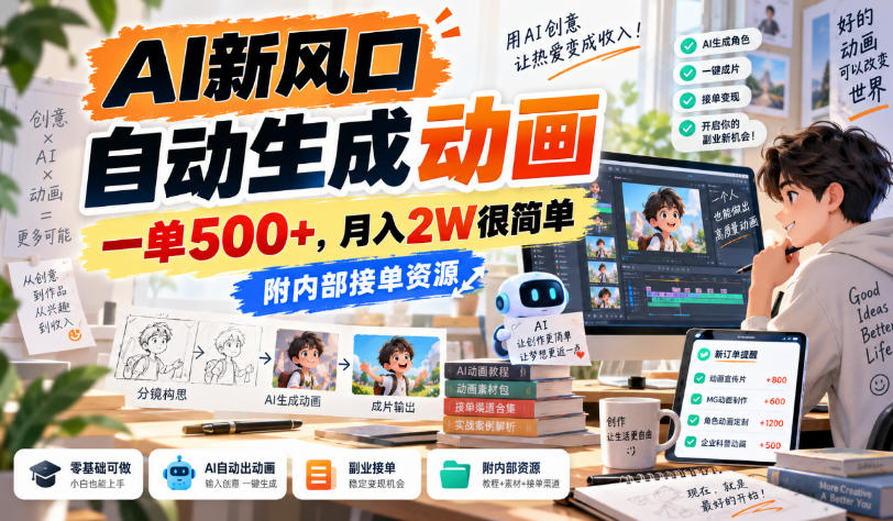AI新风口,自动生成动画,一单500+,月入2W很简单,附内部接单资源【揭秘】-来友网创