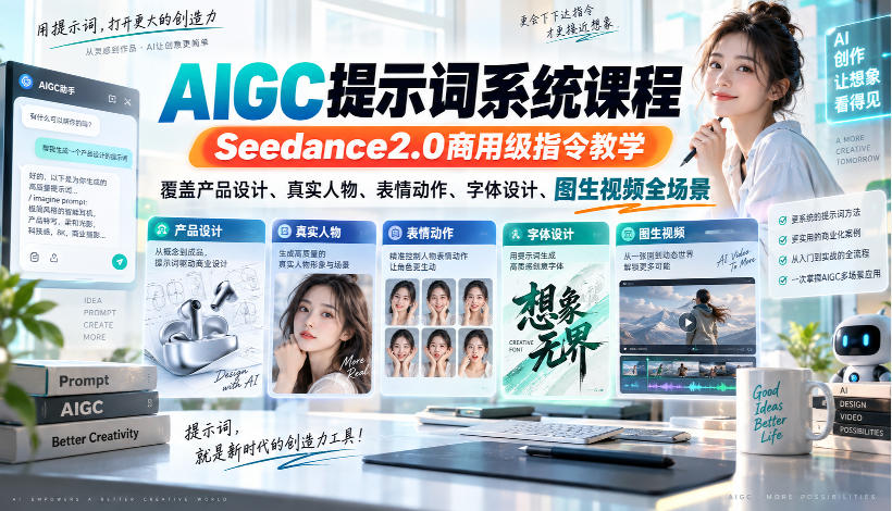 AIGC提示词系统课程,Seedance2.0商用级指令教学,覆盖产品设计、真实人物、表情动作、字体设计、图生视频全场景-来友网创