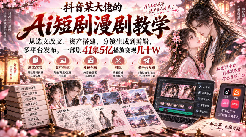 抖音某大佬的Ai短剧漫剧教学,从选文改文、资产搭建、分镜生成到剪辑、多平台发布,一部剧41集5亿播放变现几十W-来友网创