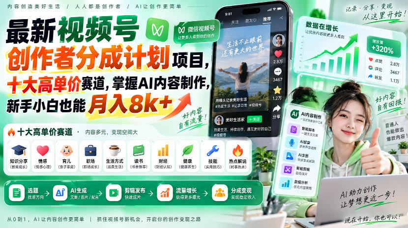 最新视频号创作者分成计划项目,十大高单价赛道,掌握AI内容制作,新手小白也能月入8k+-来友网创