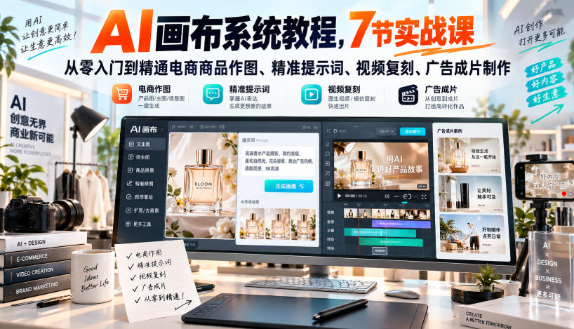 AI画布系统教程,7节实战课从零入门到精通电商商品作图、精准提示词、视频复刻、广告成片制作-来友网创