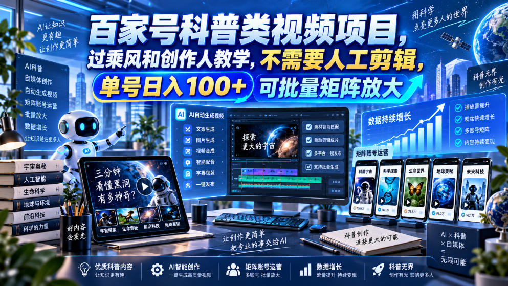 百家号科普类视频项目,过乘风和创作人教学,不需要人工剪辑,单号日入100+可批量矩阵放大-来友网创