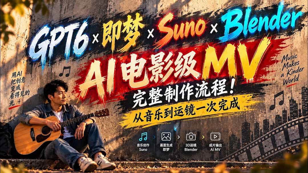 (20587期)GPT6×即梦×Suno×Blender|AI电影级MV完整制作流程!从音乐到运镜一次完成 (无水印)-来友网创