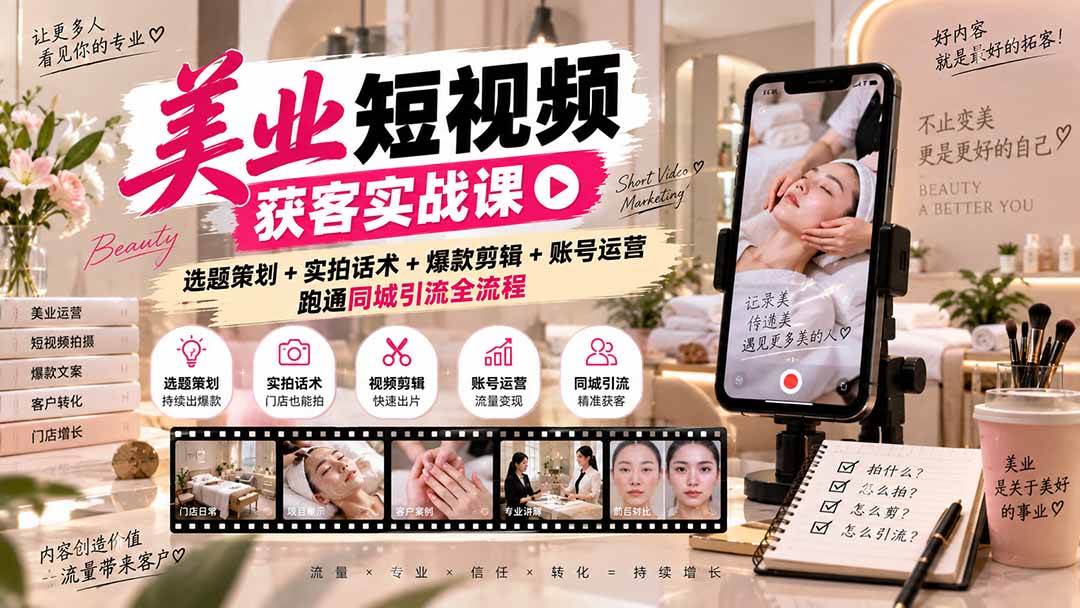 (20586期)美业短视频获客实战课-无水印:选题策划+实拍话术+爆款剪辑+账号运营,跑通同城引流全流程-来友网创