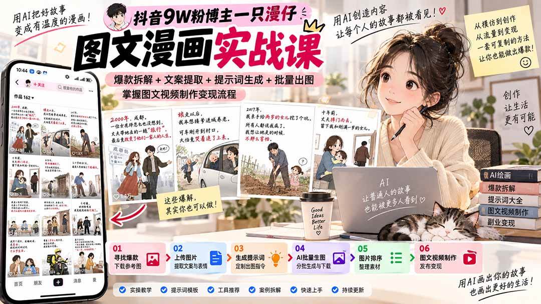 (20584期)抖音9W粉博主一只漫仔图文漫画课:爆款拆解+文案提取+提示词生成+批量出图,掌握图文视频制作变现流程-来友网创