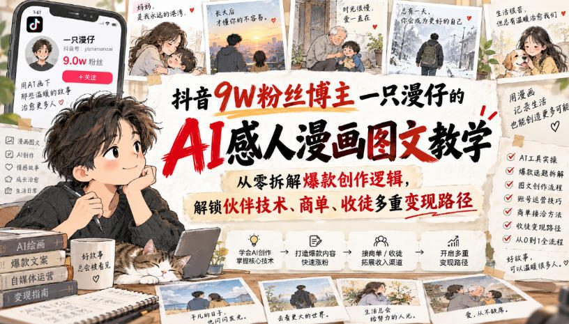 抖音9W粉丝博主一只漫仔的AI感人漫画图文教学,从零拆解爆款创作逻辑,解锁伙伴技术、商单、收徒多重变现路径-来友网创