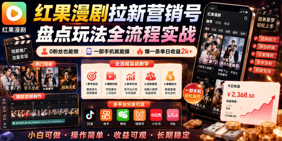 红果漫剧拉新营销号盘点玩法全流程实战,0粉丝也能做,一部手机就能做,爆一条单日收益2k+(更新0922)-来友网创