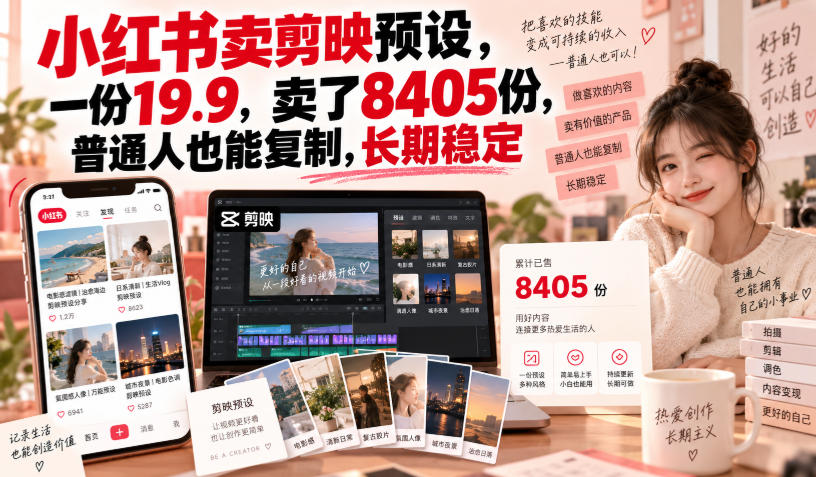 小红书卖剪映预设,一份19.9,卖了8405份,普通人也能复制,长期稳定-来友网创